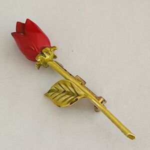 Vintage Red Rose Stem Brooch - Gold Tone